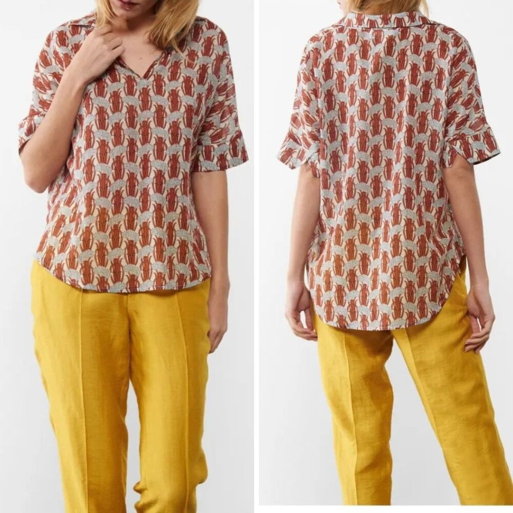 Chloé Stora Brazil Blouse Terracotta Floral V-Neck Silk Cotton Top Size 36 US S